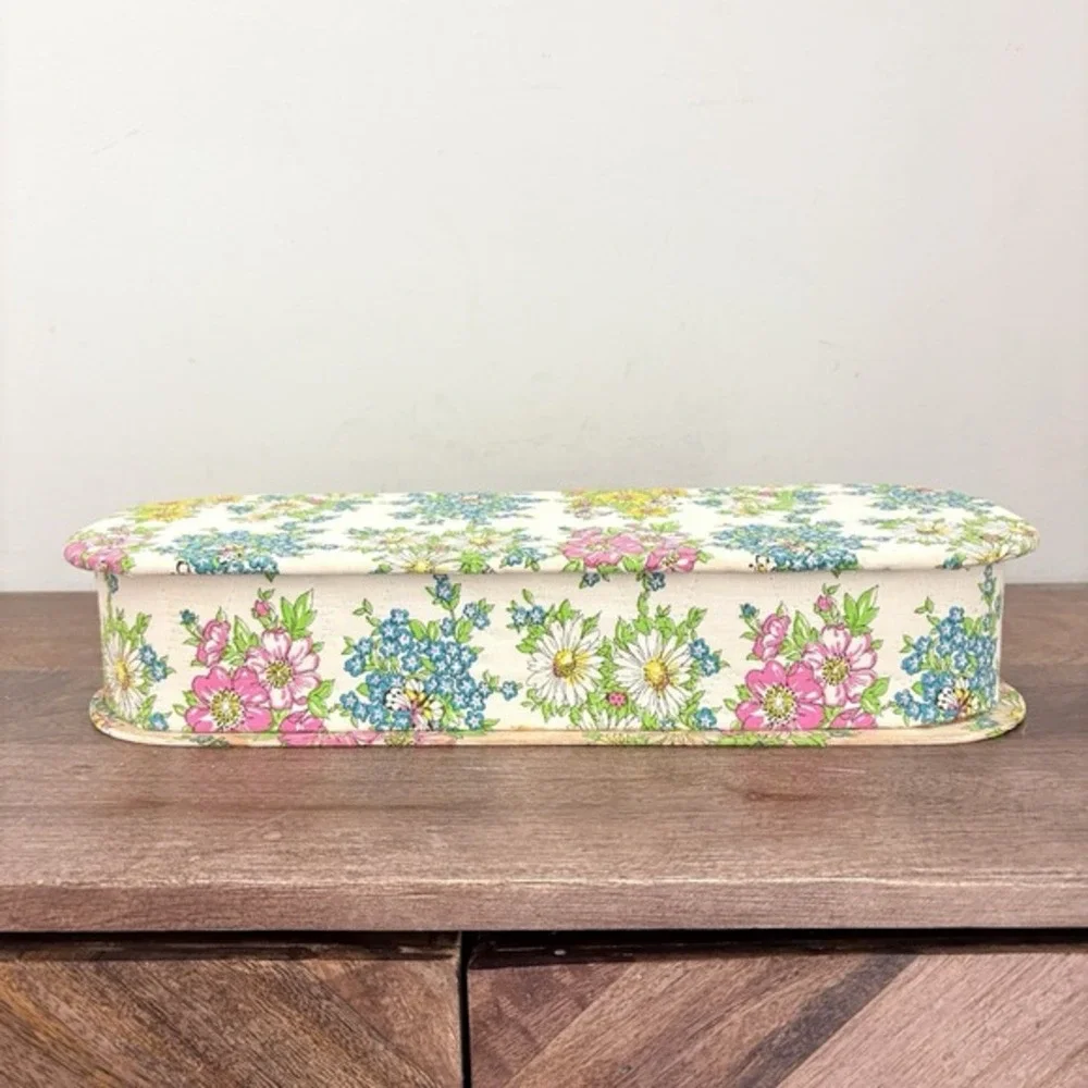 Vintage Floral Fabric Covered Trinket Box Vanity‎ Storage Lidded Cottagecore 14